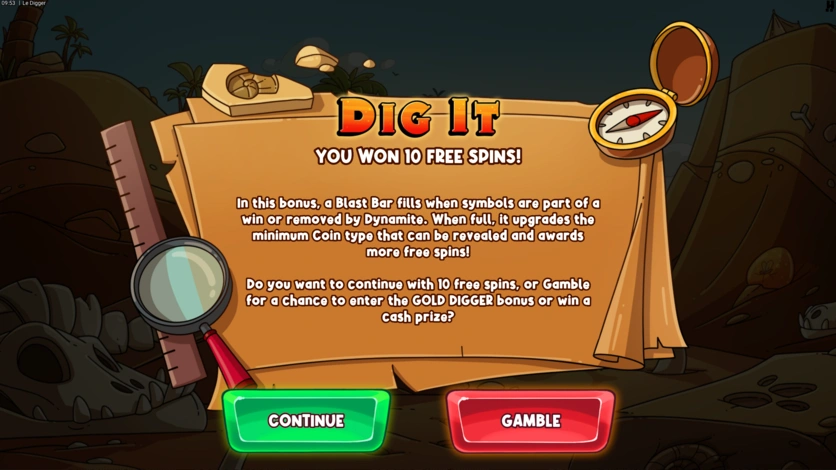 Bonusové kolo volných spinů Le Digger s funkcemi Tomb Service Dig It a Gold Digger
