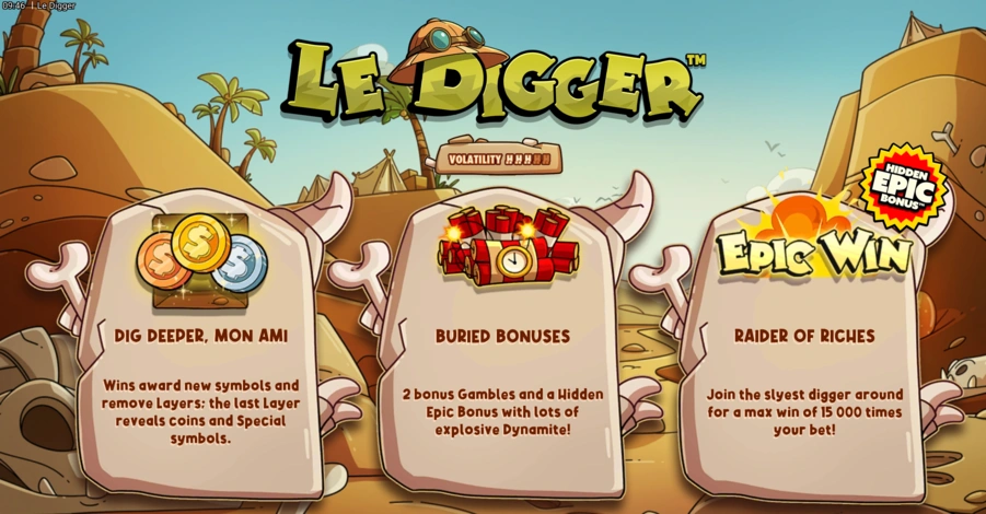 Hlavní obrazovka slotu Le Digger od Hacksaw Gaming s těžebním motivem a mřížkou 6x5